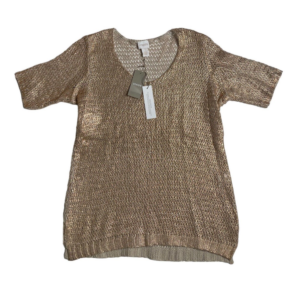 NEW Womens Chico's 3/4 Sleeve Rose Gold Foil Open Weave Lily Sweater Size 1